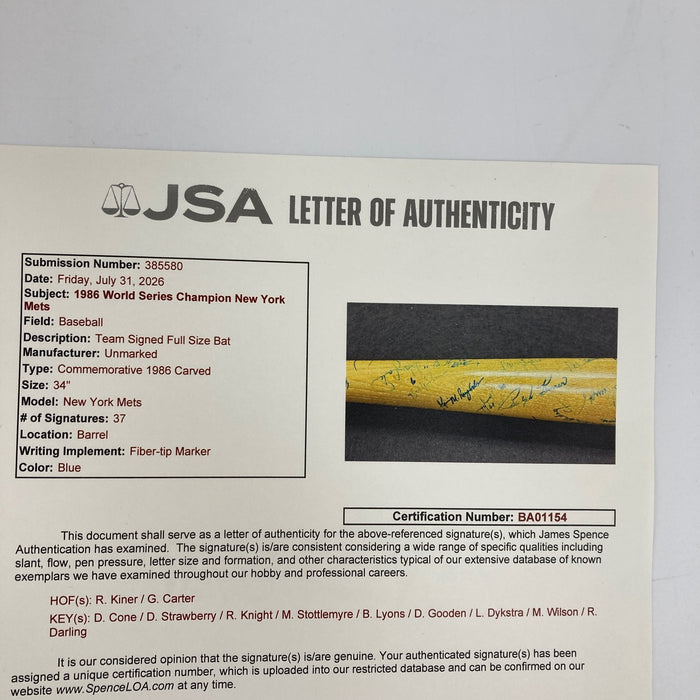 1986 New York Mets W.S. Champs Team Signed Baseball Bat 37 Signatures JSA COA