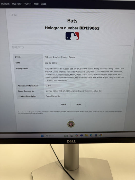 1981 Los Angeles Dodgers World Series Champs Team Signed Baseball Bat MLB Auth