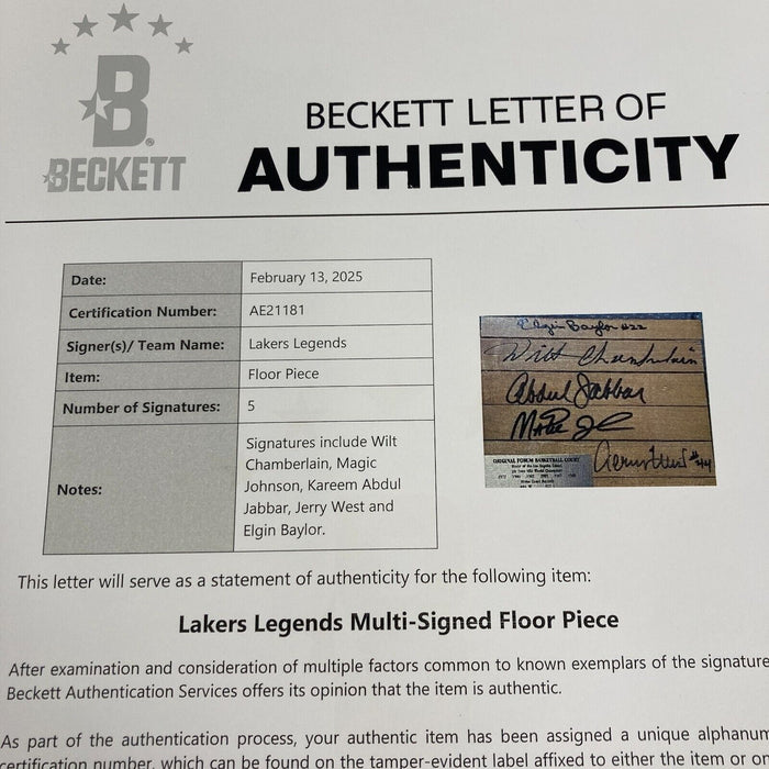 Wilt Chamberlain Magic Johnson Signed Los Angeles Lakers Game Used Floor Beckett