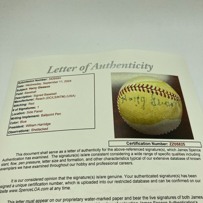 Harry Gleason Single Signed 1950s Official American League Harridge Baseball JSA