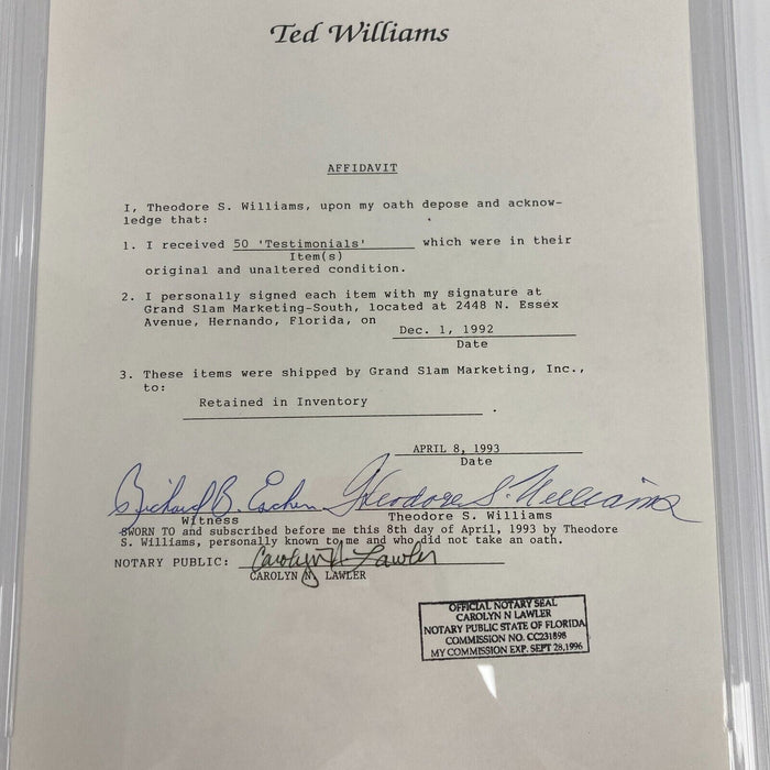 Ted Williams Full Name Signed Original Contract PSA DNA Coa