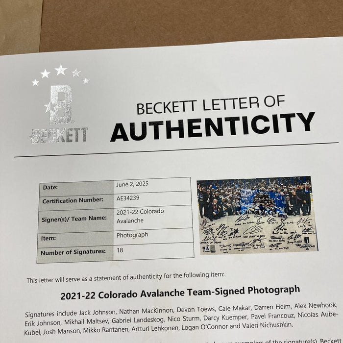 2022 Colorado Avalanche Stanley Cups Champs Team Signed 16x20 Photo Beckett COA