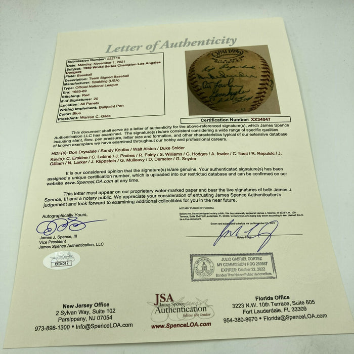1959 Los Angeles Dodgers World Series Champs Team Signed Baseball Koufax JSA COA