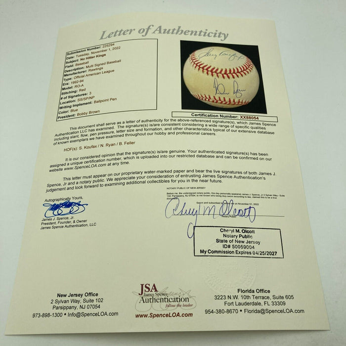 Sandy Koufax Nolan Ryan & Bob Feller Signed American League Baseball JSA COA