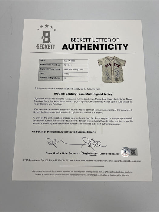 Beautiful All Century Team Signed Jersey 16 Sigs With Ted Williams PSA DNA