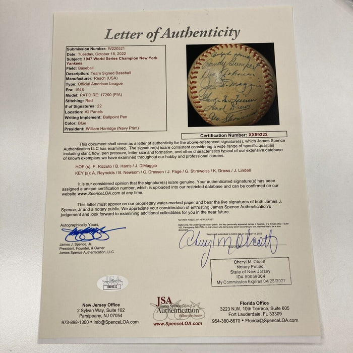 1947 New York Yankees World Series Champs Team Signed Baseball JSA COA