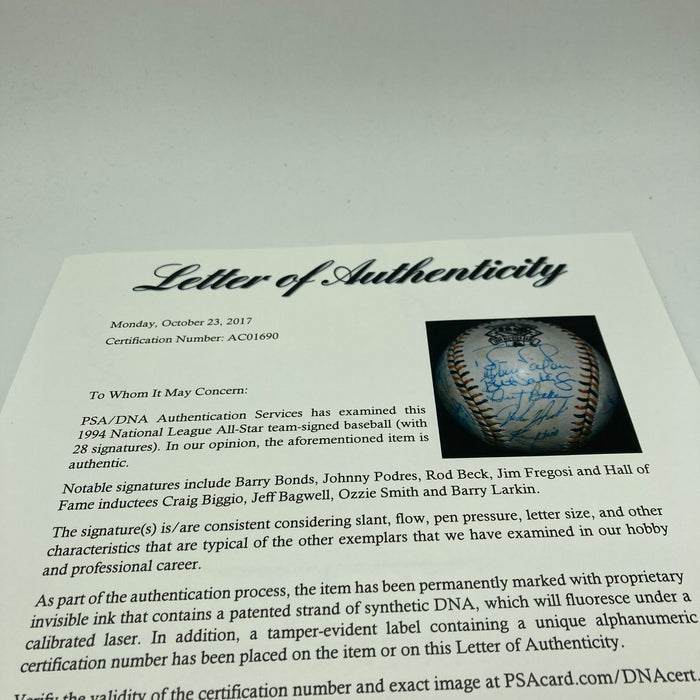 1994 All Star Game National League Team Signed Baseball Barry Bonds PSA DNA COA