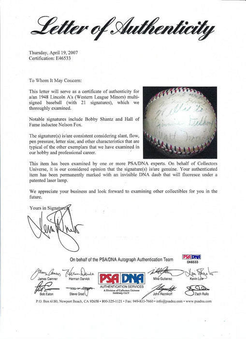 Nellie Fox Pre Rookie 1948 Lincoln Athletics Team Signed Baseball PSA DNA COA