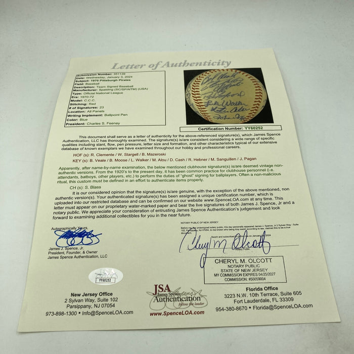 1970 Pittsburgh Pirates Team Signed Baseball With Roberto Clemente JSA