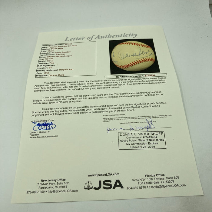 Diana Ross Single Signed Official American League Baseball JSA COA RARE