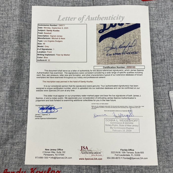 Sandy Koufax  4 No Hitters 62' 63' 64' 65' Signed Los Angeles Dodgers Jersey JSA