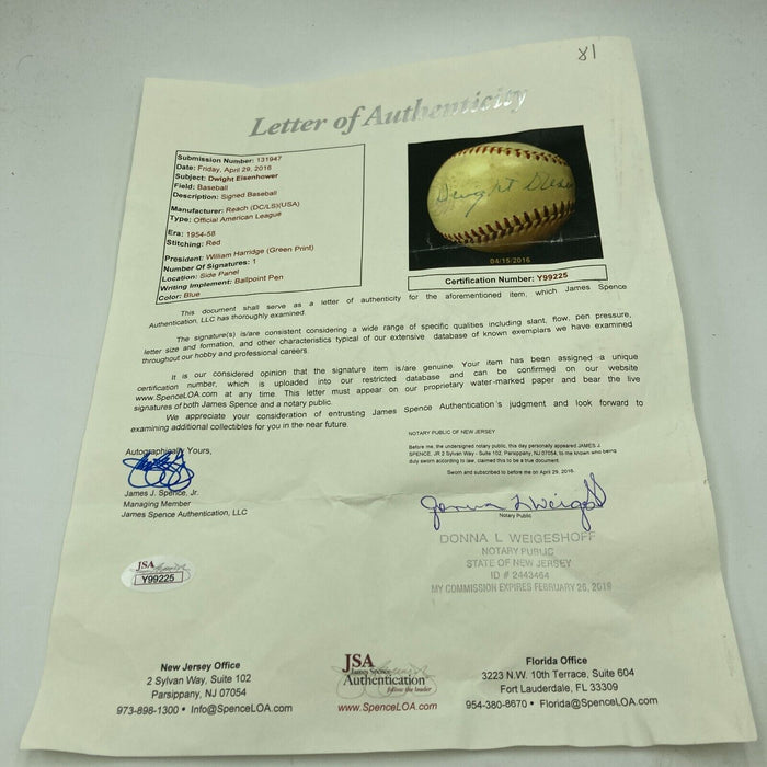 President Dwight D. Eisenhower Single Signed American League Baseball JSA COA