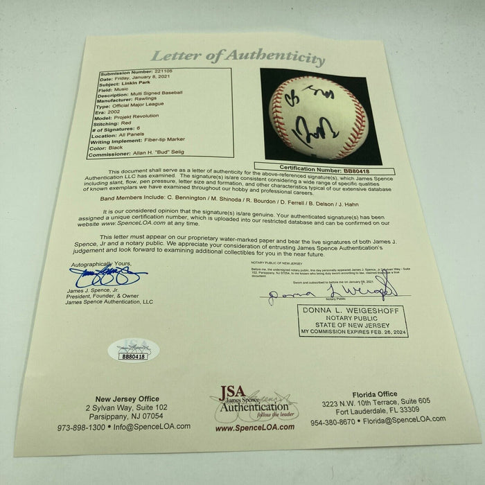Linkin Park Band Signed Baseball 6 Signatures With Chester Bennington JSA COA