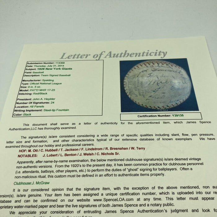 Roger Bresnahan & Mel Ott 1928 New York Giants Team Signed Baseball JSA COA