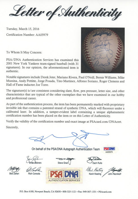 2001 New York Yankees AL Champs Team Signed Baseball 31 Sigs Derek Jeter PSA DNA