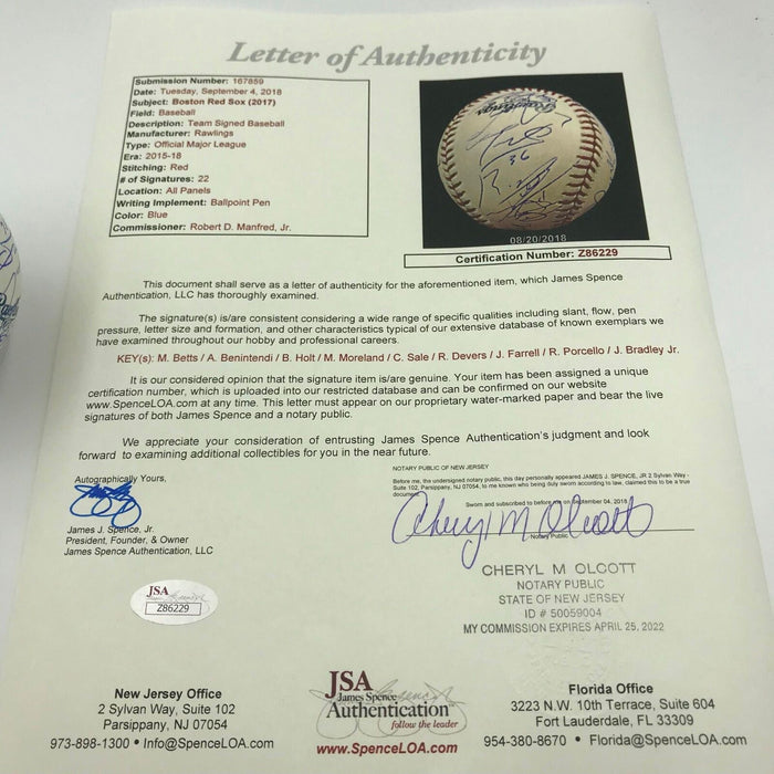 2017 Boston Red Sox Team Signed Baseball Mookie Betts Rafael Devers JSA LOA