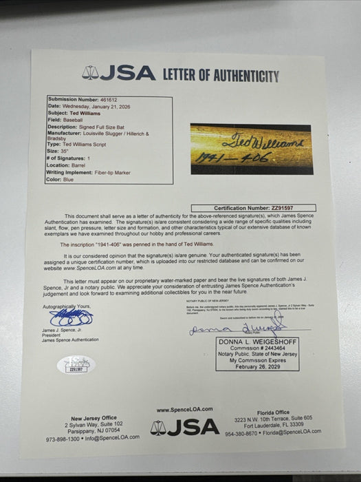 The Finest 1955 Ted Williams Game Used Signed Louisville Slugger Bat PSA DNA 10