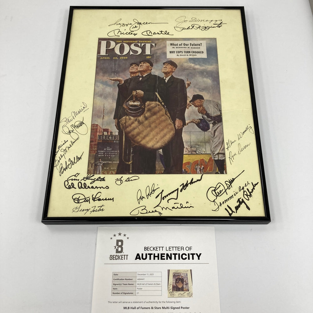 Mickey Mantle Joe Dimaggio HOF Multi Signed Norman Rockwell Photo Beckett COA