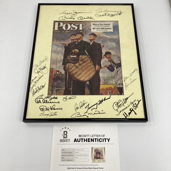 Mickey Mantle Joe Dimaggio HOF Multi Signed Norman Rockwell Photo Beckett COA