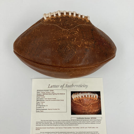 1929 Notre Dame Fighting Irish Undefeated Champs Team Signed Football JSA