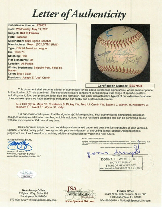 Beautiful Willie Mays 1960's Hall Of Fame Multi Signed Baseball With JSA COA