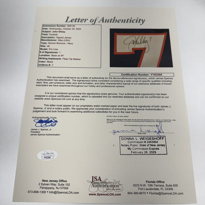 John Elway Signed 1997 Denver Broncos Nike Pro Cut Game Jersey JSA COA