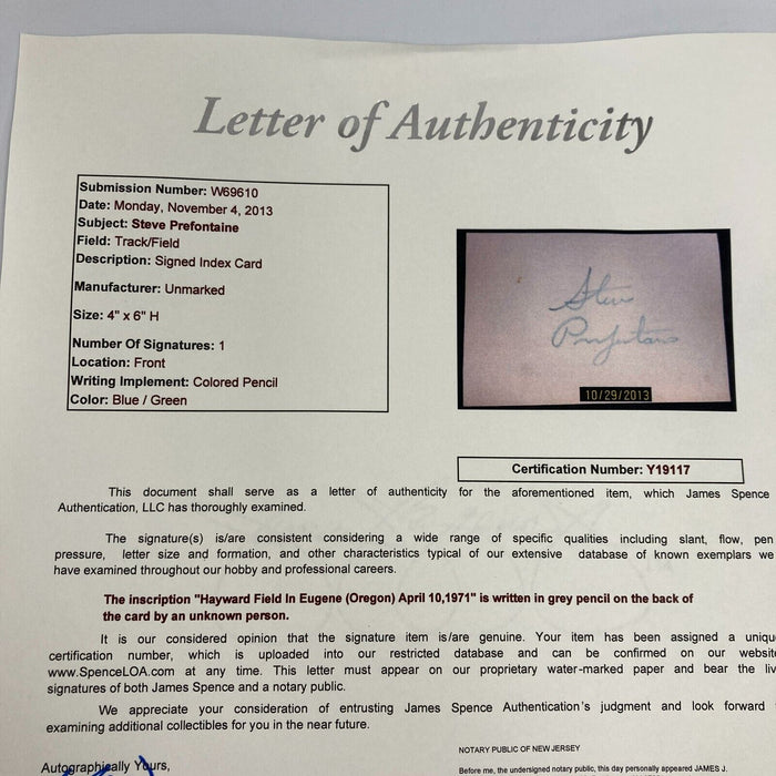 Steve Prefontaine Signed Index Card Signed In 1971 At Olympics Trial JSA COA