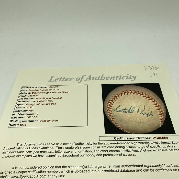 Beautiful Satchel Paige & Warren Giles Signed Baseball JSA Displays As Single
