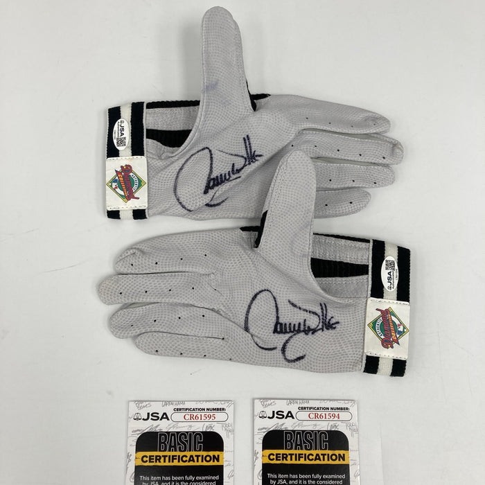 Larry Walker Twice Signed Game Issued 1990's Franklin Batting Gloves JSA COA