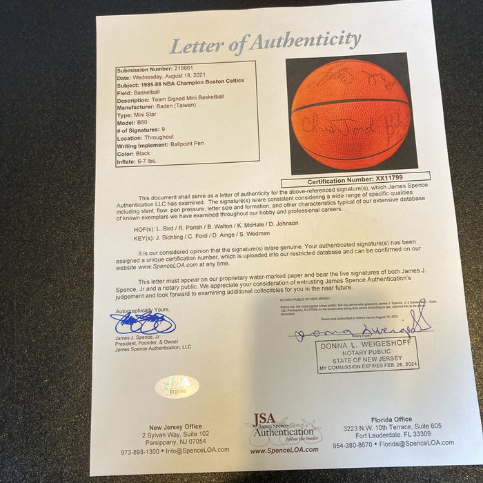 1985-86 Boston Celtics NBA Champs Team Signed Mini Basketball Larry Bird JSA COA