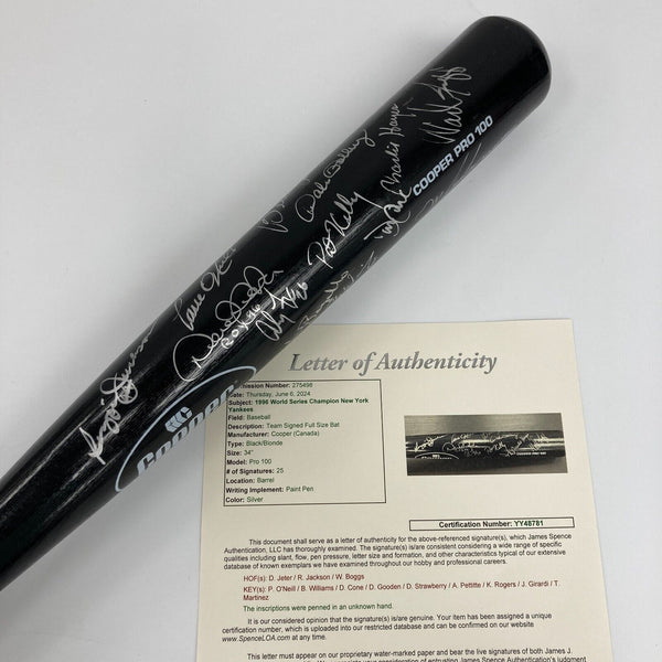 1996 New York Yankees World Series Champs Team Signed Bat Derek Jeter JSA COA