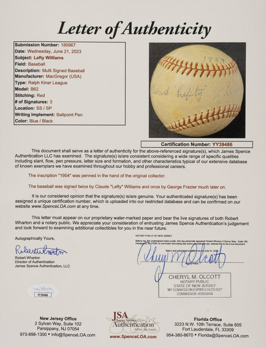 Claude "Lefty" Williams Signed Baseball 1919 Black Sox JSA COA