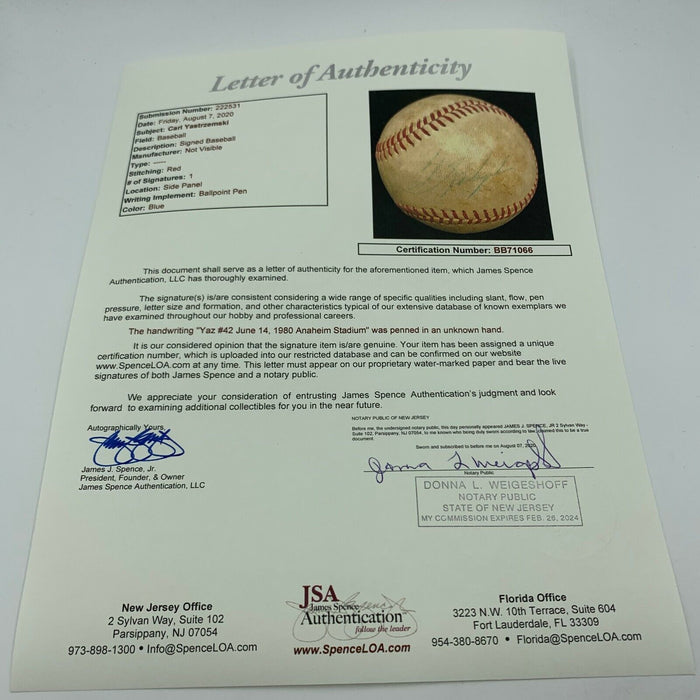 Carl Yastrzemski Signed Game Used Actual 412th Career Home Run Baseball JSA COA