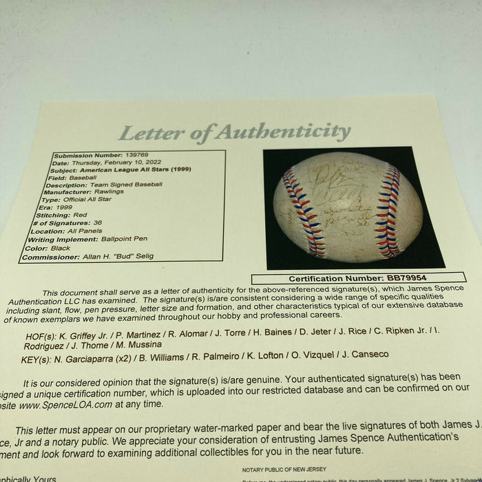 Derek Jeter Ken Griffey Jr. 1999 All Star Game Team Signed Baseball JSA COA