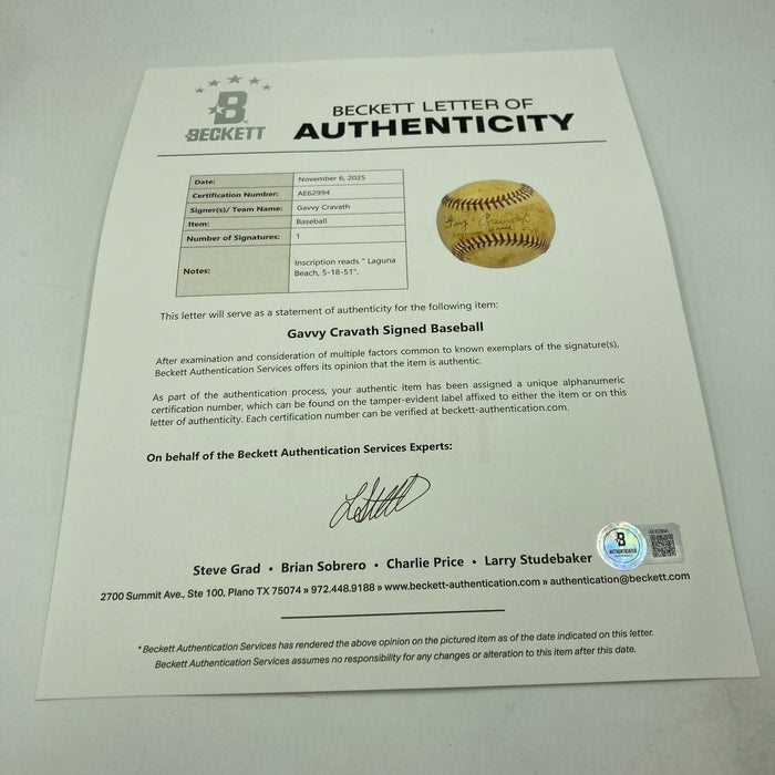 Gavvy Cravath Single Signed Official National League Baseball Beckett COA RARE