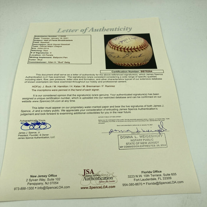 HOF Legendary Broadcasters Signed Baseball Jack Buck Harry Kalas Brennaman JSA