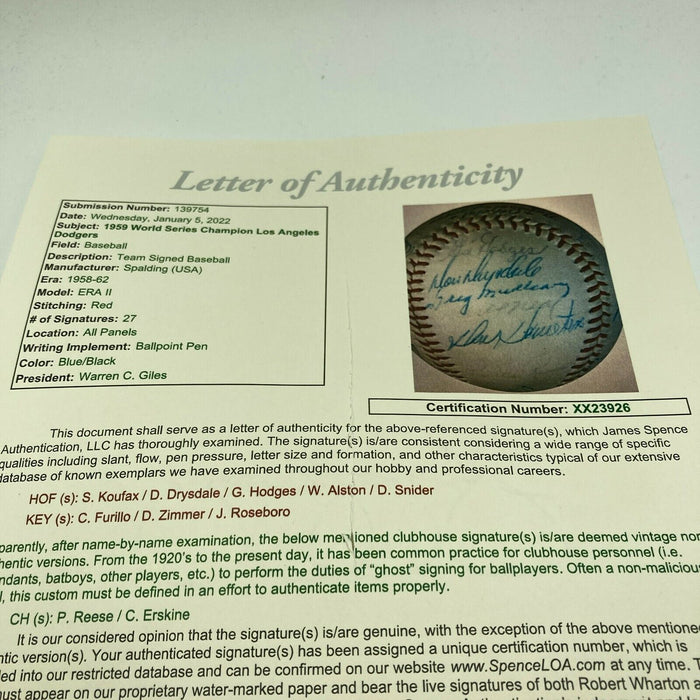 1959 Los Angeles Dodgers World Series Champs Team Signed Baseball Koufax JSA COA