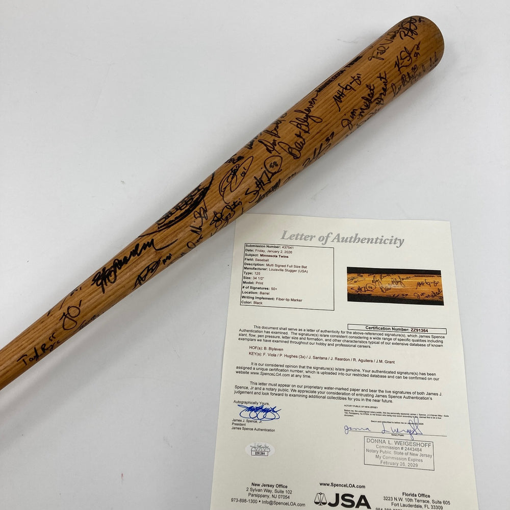 Minnesota Twins Pitchers Multi Signed Game Used Baseball Bat 50+ Sigs JSA COA