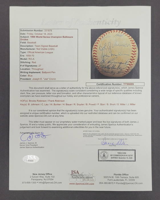 1966 Baltimore Orioles World Series Champs Team Signed AL Baseball JSA COA