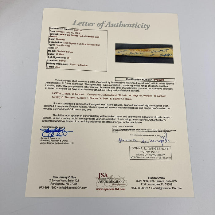 Beautiful Willie Mays New York Giants Legends Multi Signed Polo Grounds Bat JSA