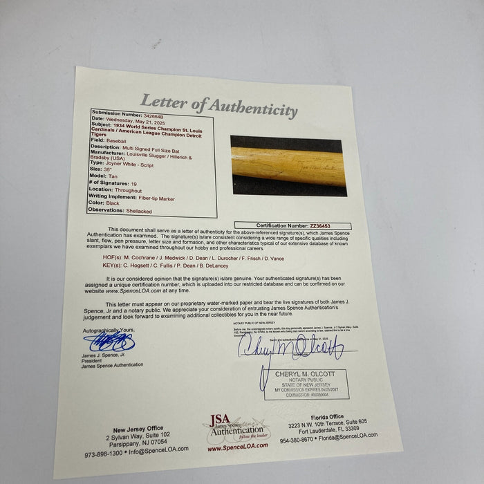 1934 St. Louis Cardinals World Series Champs Team Signed Baseball Bat JSA COA