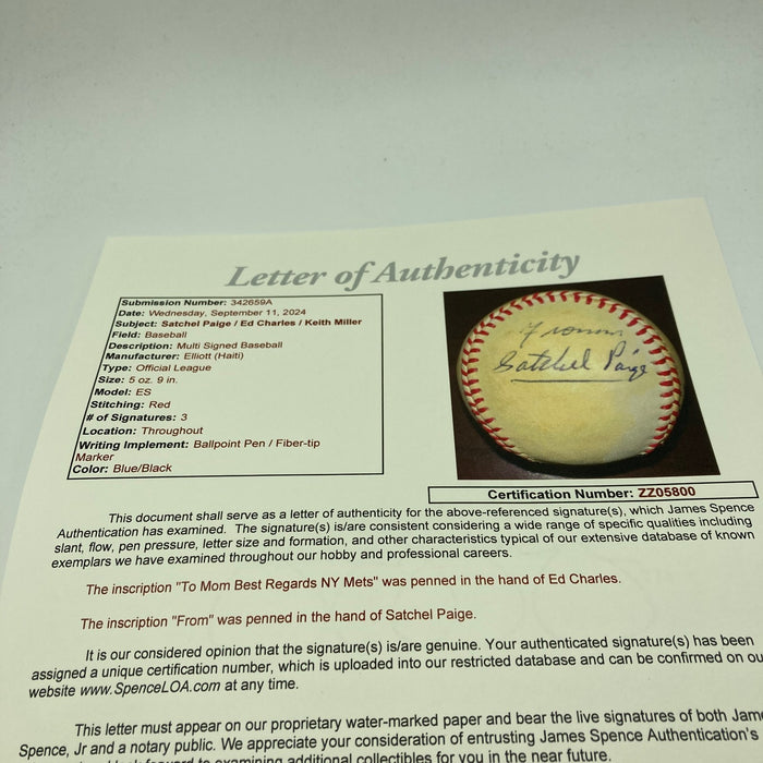 Satchel Paige Signed Official League Baseball Displays As Single Signed JSA COA