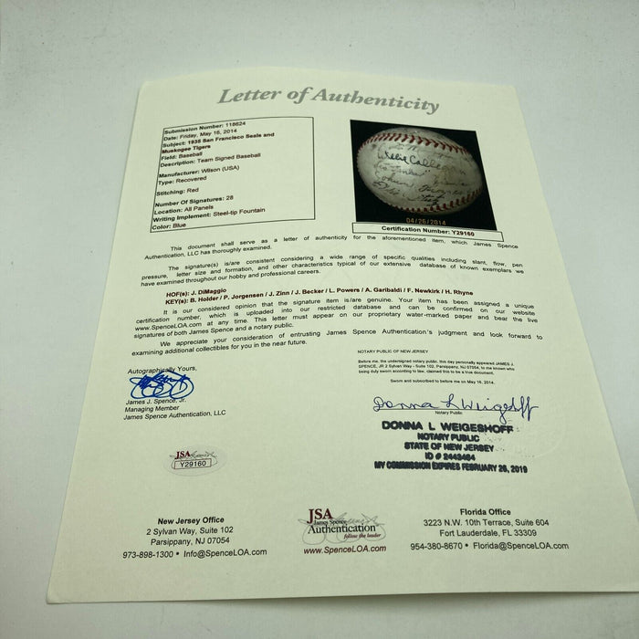 Joe Dimaggio Pre Rookie 1935 San Francisco Seals Team Signed Baseball JSA COA