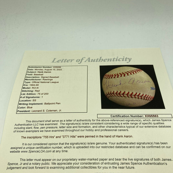 Hank Aaron 755 Home Runs 3771 Hits Signed Inscribed Stat Baseball JSA COA