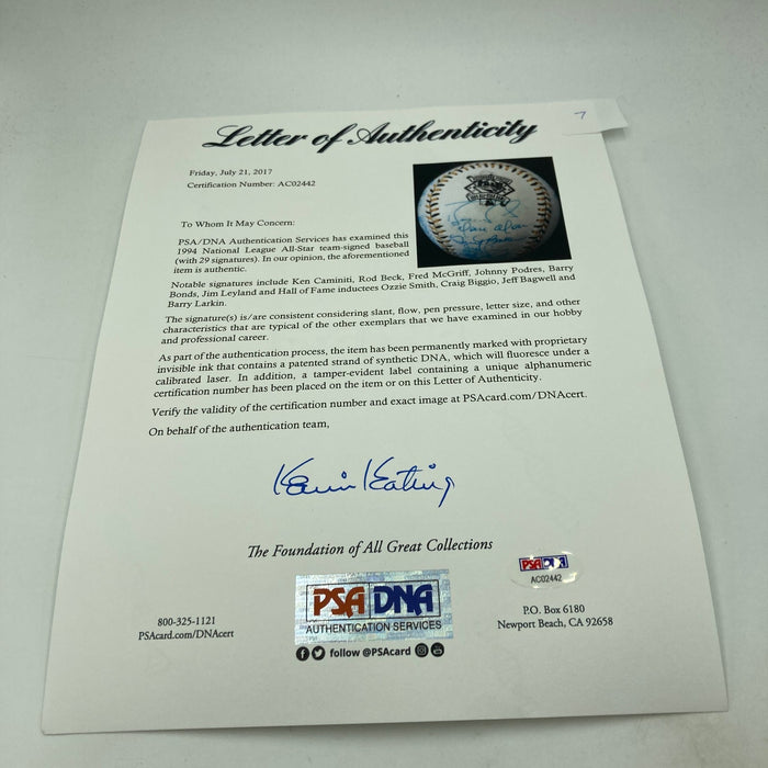 1994 All Star Game National League Team Signed Baseball Barry Bonds PSA DNA COA