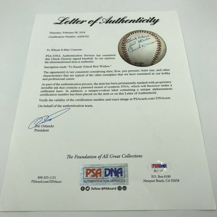 Chuck Dressen Single Signed 1940's National League Baseball Brooklyn Dodgers PSA