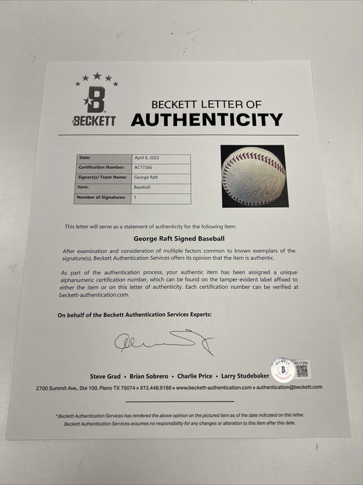 George Raft Single Signed 1935 Official National League Baseball Beckett COA
