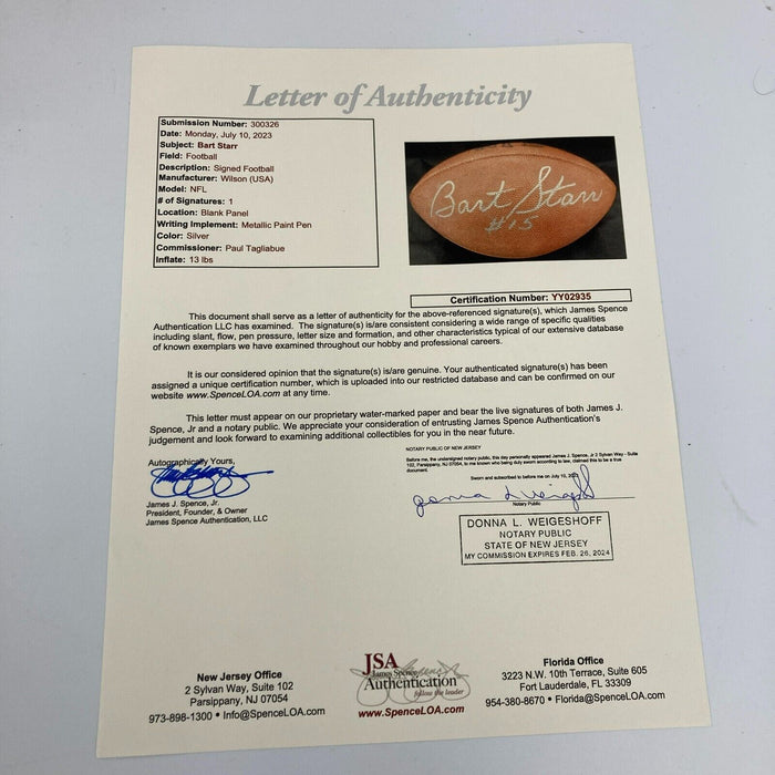 Bart Starr #15 Signed Wilson Official NFL Football JSA COA