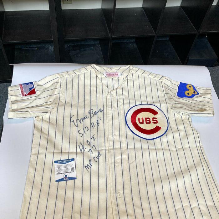 Beautiful Ernie Banks Signed Heavily Inscribed STATS Chicago Cubs Jersey Beckett
