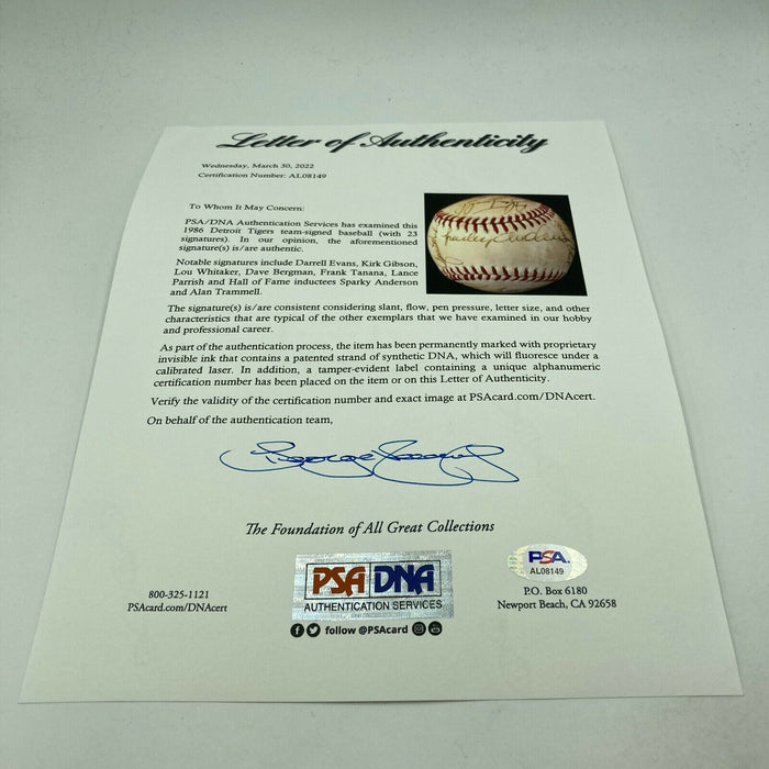 1986 Detroit Tigers Team Signed Baseball Sparky Anderson Kirk Gibson PSA DNA